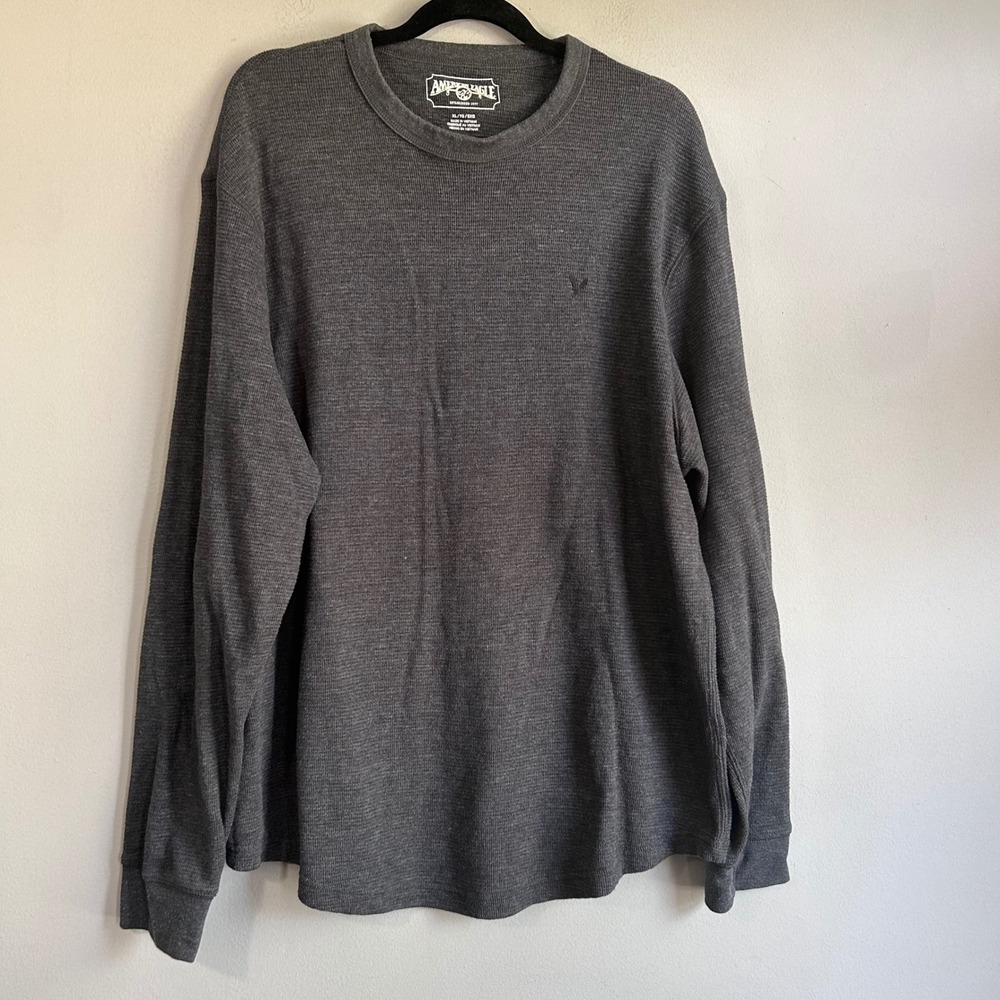 American Eagle Mens XL Charcoal‎ Gray Waffle Knit Thermal Long Sleeve Shirt Logo
